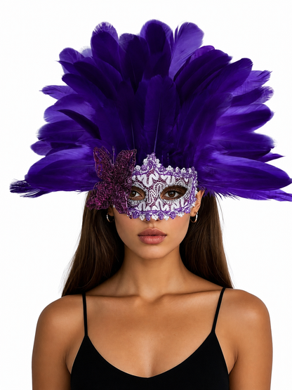 Carnival headdress with feathers and a mask