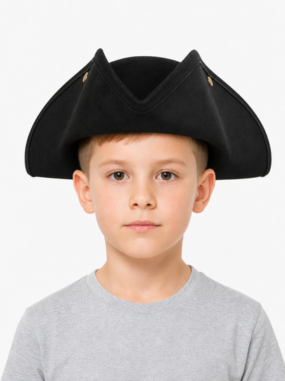 Classic Pirate Hat for Kids, Wide Tricorn Pirate Captain Hat with Raised Pointed Sides and Gold-Colored Accents for Halloween Costume, Dress-Up Play and Themed Parties