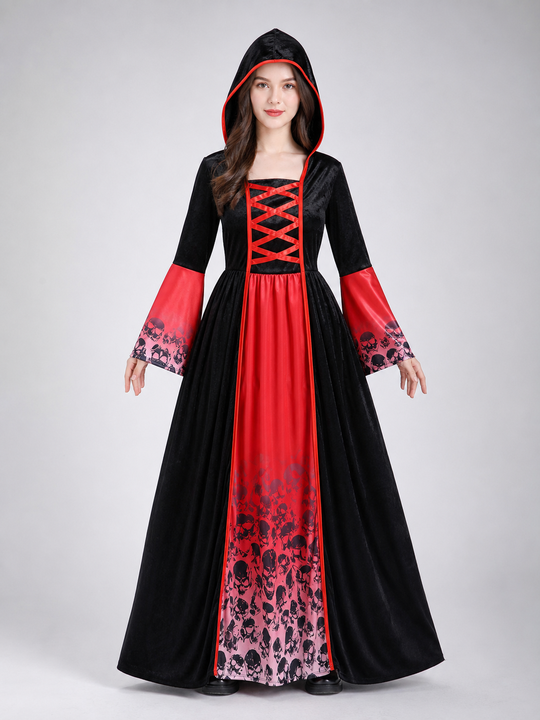 Gothic Hooded Dress with Skulls