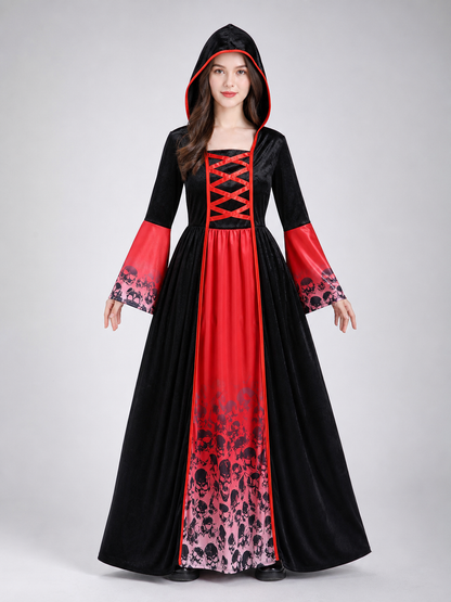 Gothic Hooded Dress with Skulls