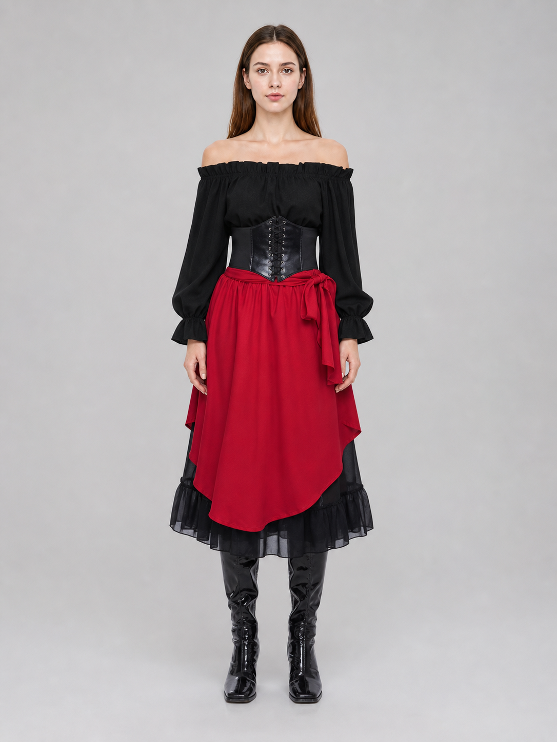Theatrical pirate costume set with accessories. The black-and-red two-tone design creates a striking look for themed events and photo shoots. The set includes a black off-shoulder blouse with gathered pleats, long voluminous sleeves with ga