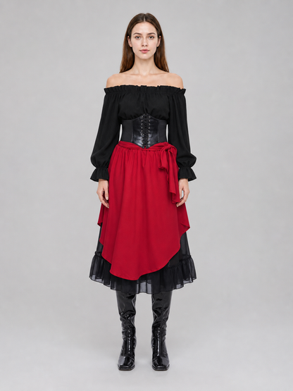 Theatrical pirate costume set with accessories. The black-and-red two-tone design creates a striking look for themed events and photo shoots. The set includes a black off-shoulder blouse with gathered pleats, long voluminous sleeves with ga