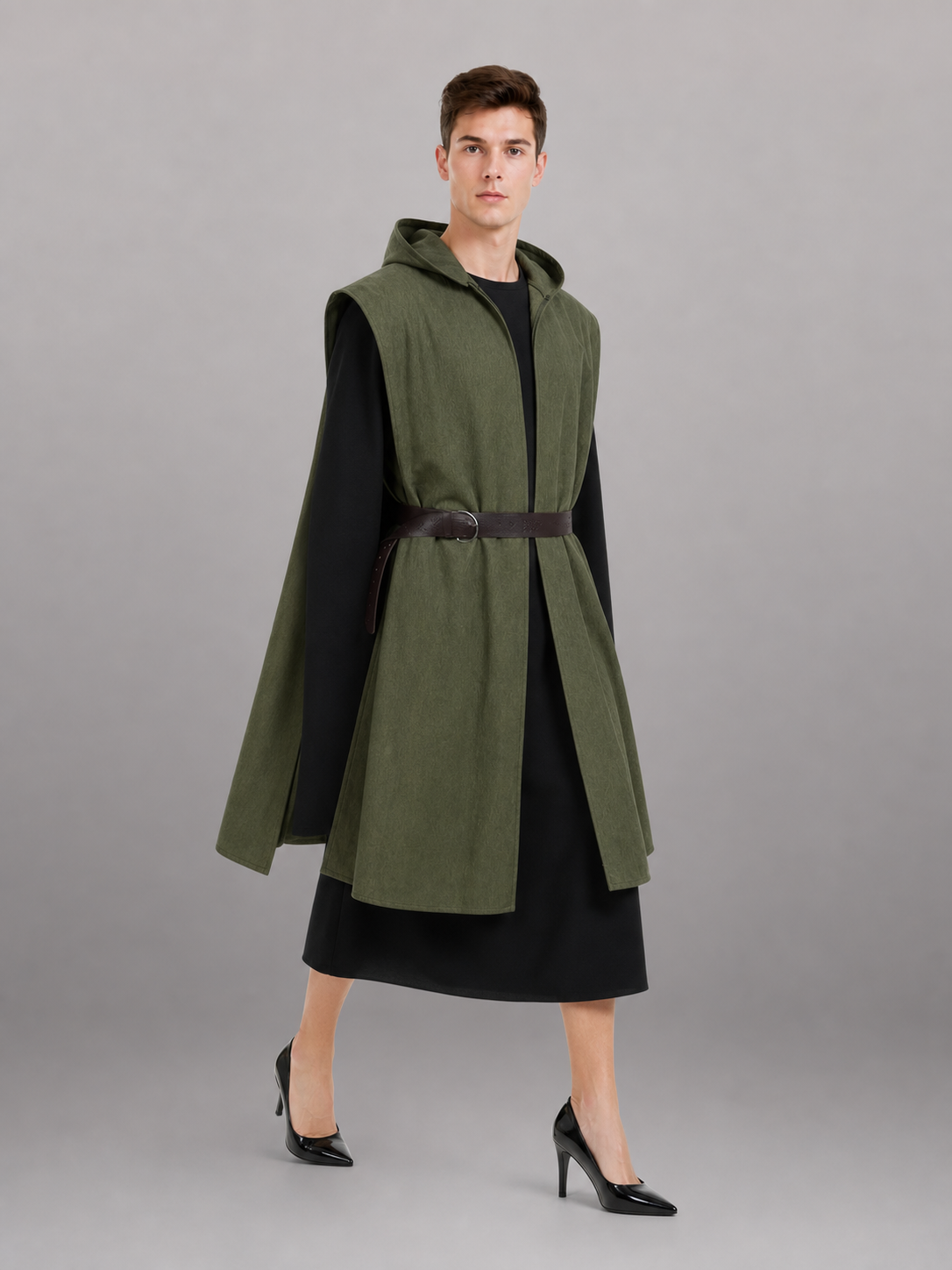 Medieval Fantasy Role Play Costume Set, 2-Piece Olive Green Hooded Sleeveless