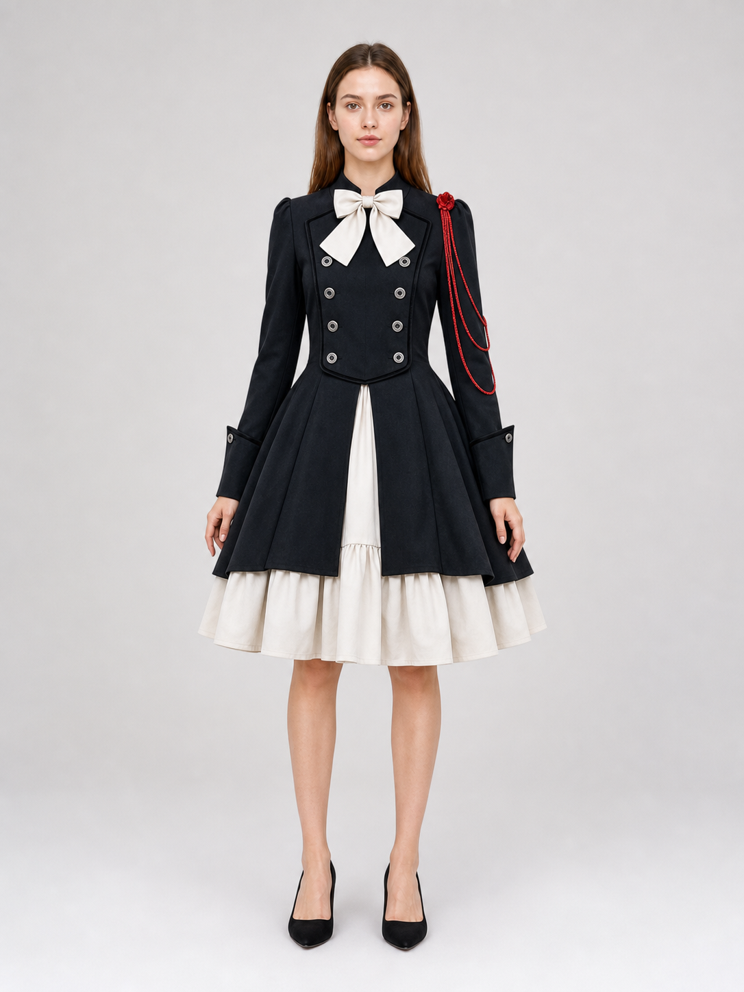 Gothic Dress with Double Rows of Buttons and a Bow