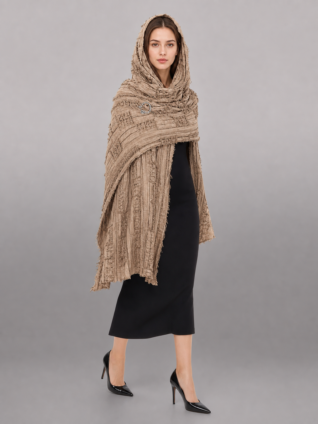 Boho Hooded Scarf Cape, Khaki