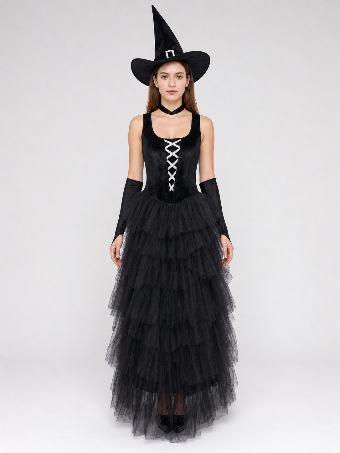 Halloween costume: black dress, hat, and gloves