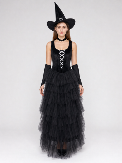 Halloween costume: black dress, hat, and gloves