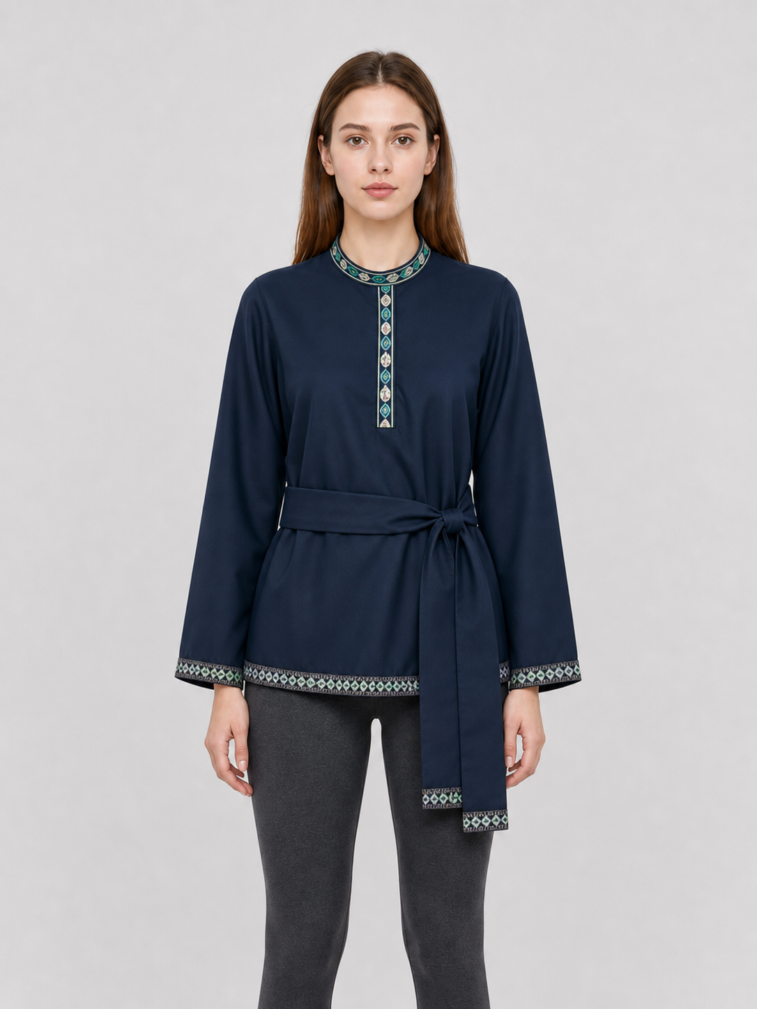 Tunic with a stand-up collar and belt, dark navy