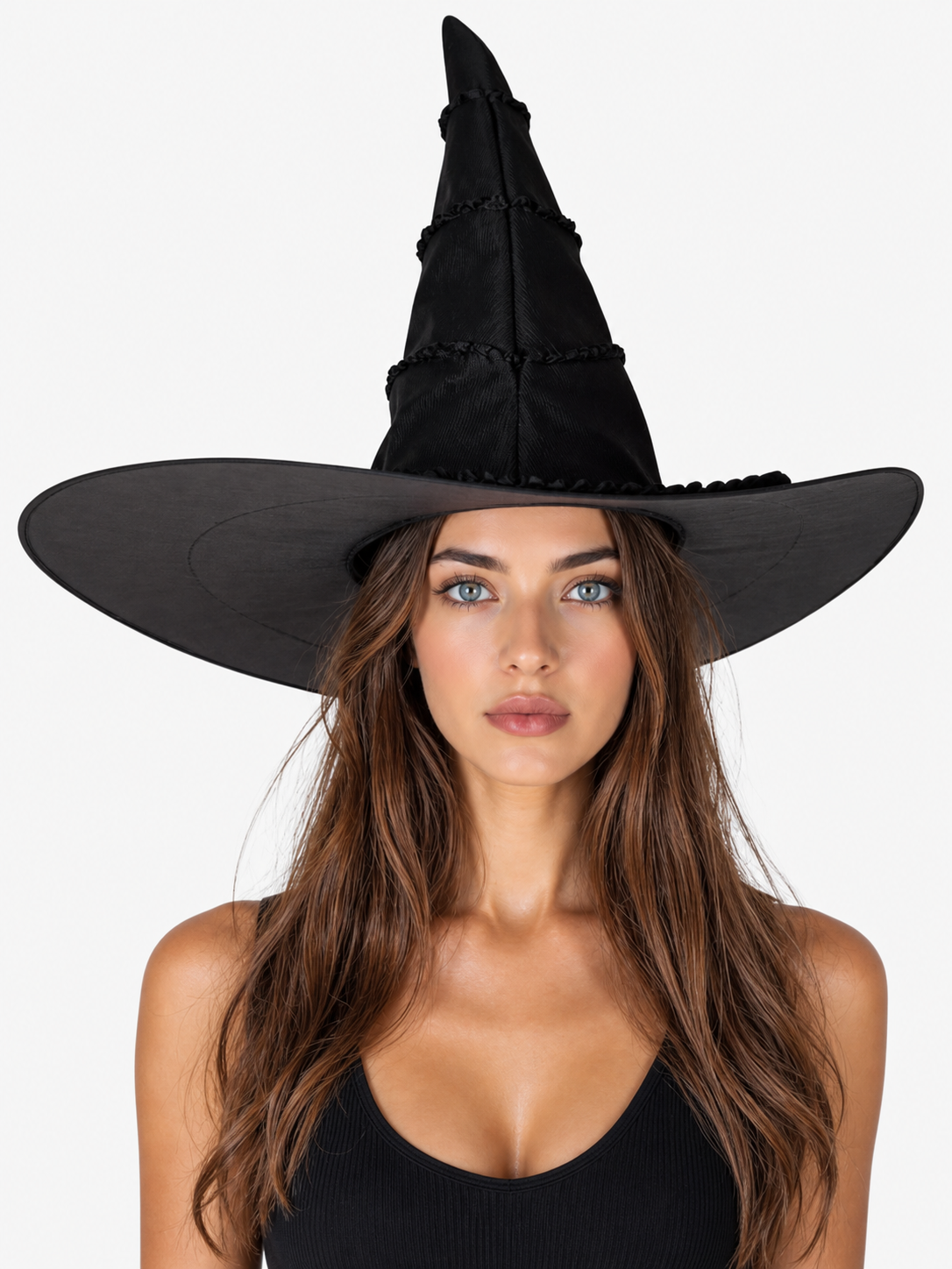 Black Halloween Witch Hat With Glossy Surface, Tall Pointed Crown And Wide Floppy Brim For Witch Cosplay Costume Party Accessory