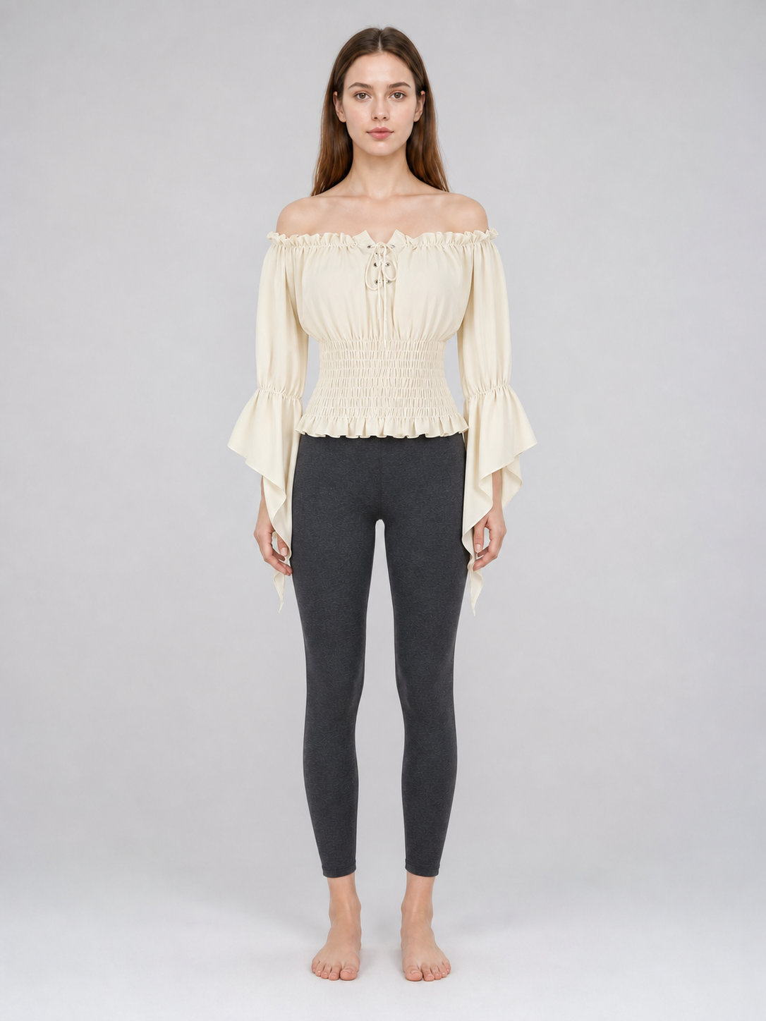 Off-the-Shoulder Lace-Up Blouse, Beige