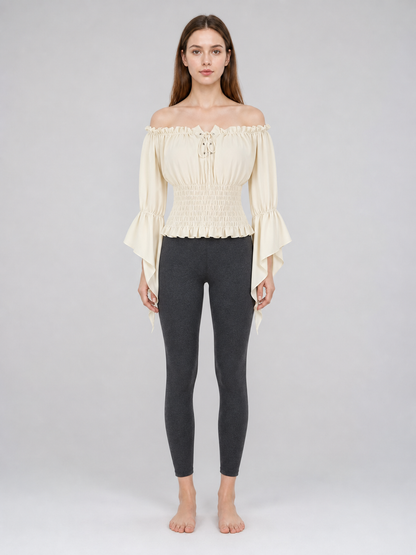 Off-the-Shoulder Lace-Up Blouse, Beige