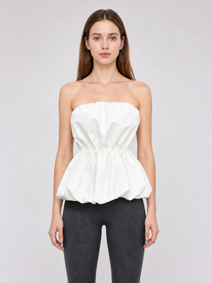 White Strapless Bustier Top with Draped Peplum