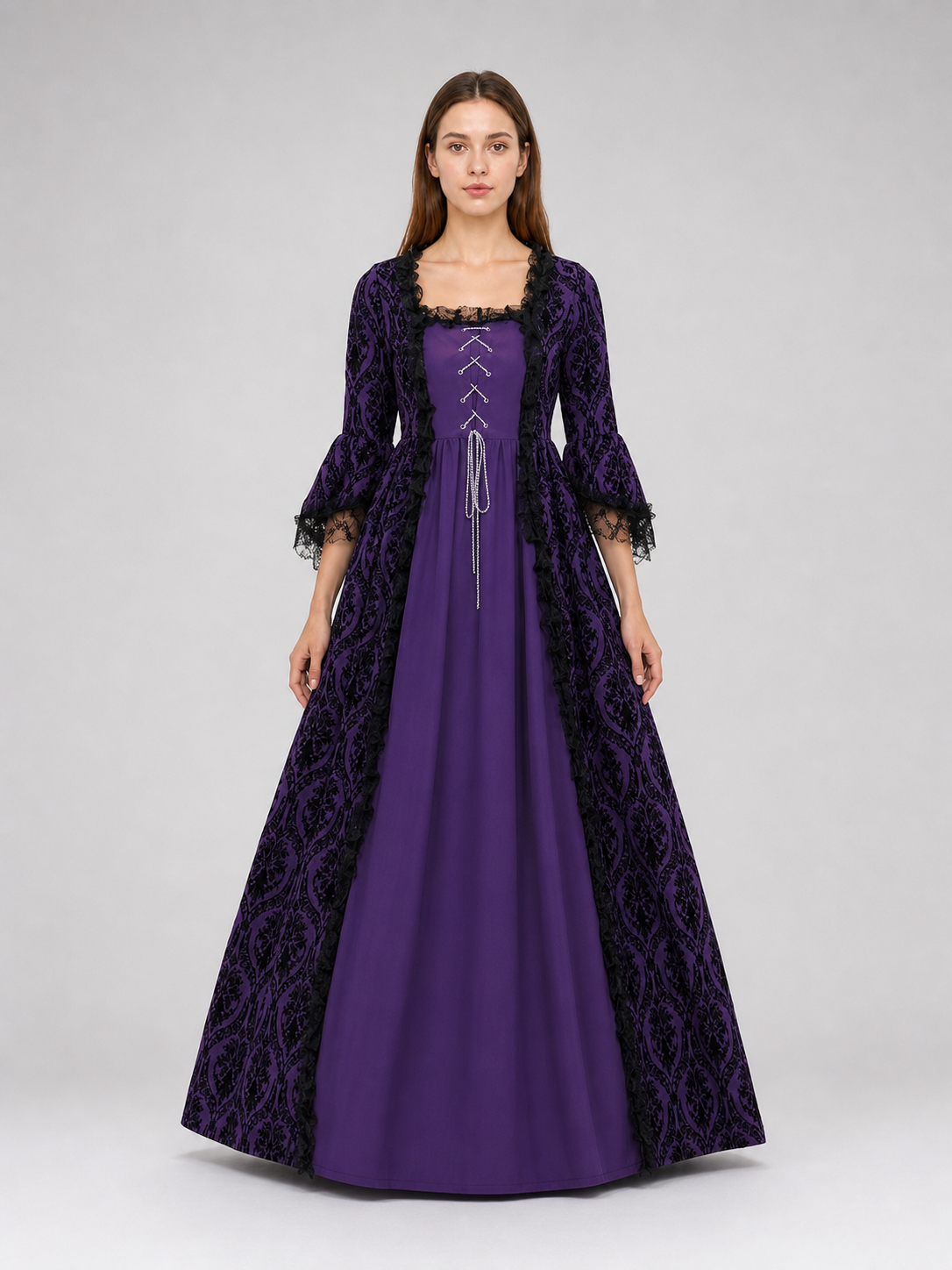 Long Renaissance-style dress with lace sleeves