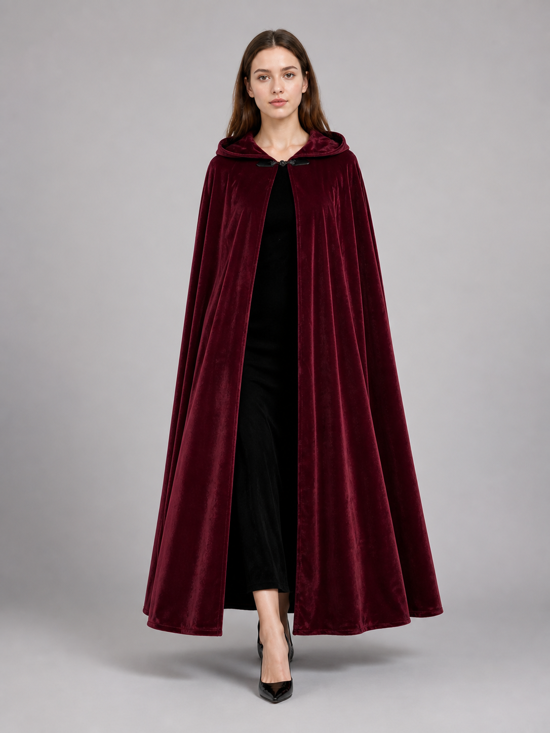 Burgundy Long Carnival Cloak with Hood