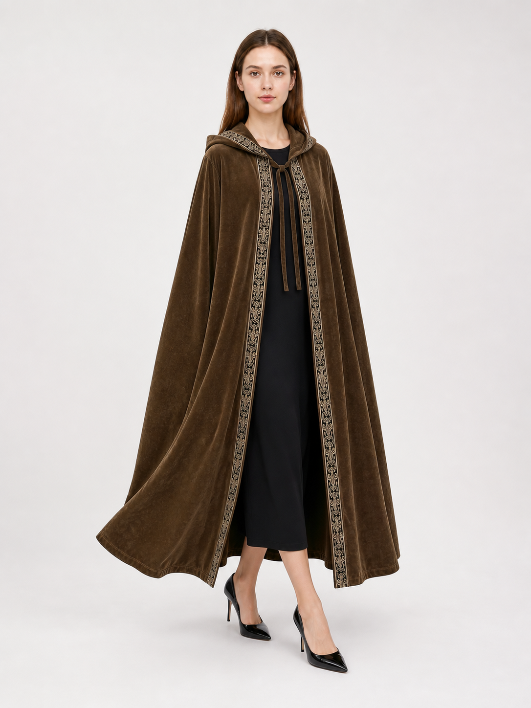 Long Hooded Robe, Brown, Loose Fit front view 4