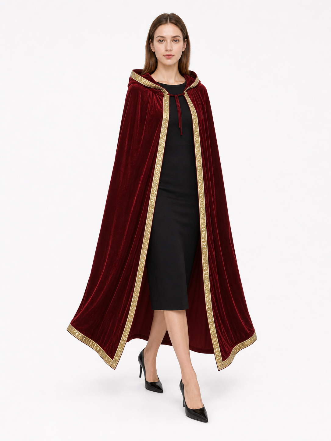 Burgundy Costume Cloak with Hood and Gold Trim