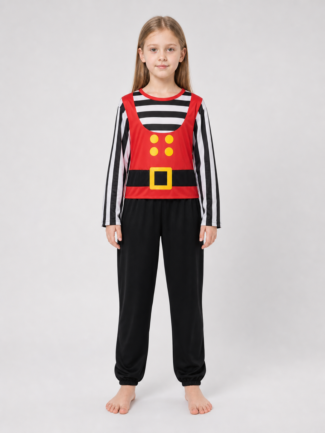 Front view of a girl wearing a red pirate vest with yellow buttons, black belt detail, striped sleeves and black pants