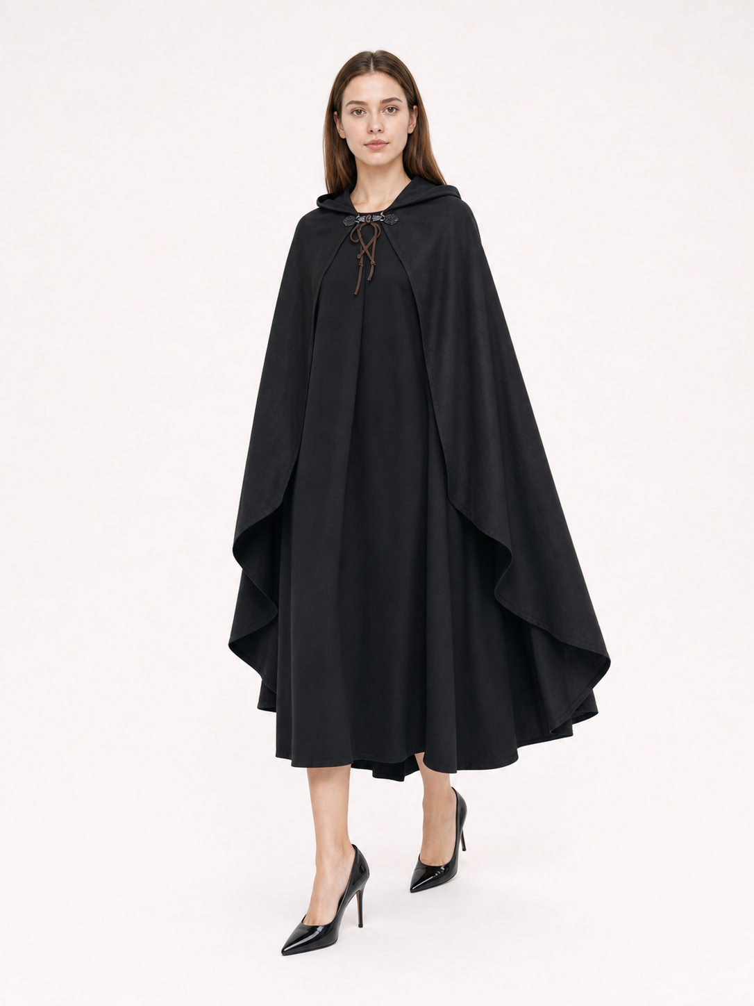 Black hooded medieval costume cloak product view 18