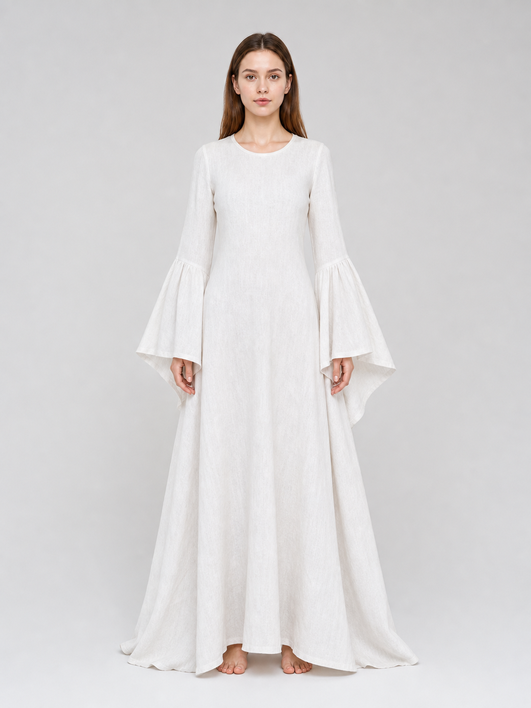White Long Boho-Style Dress with a Belt and Flared Sleeves