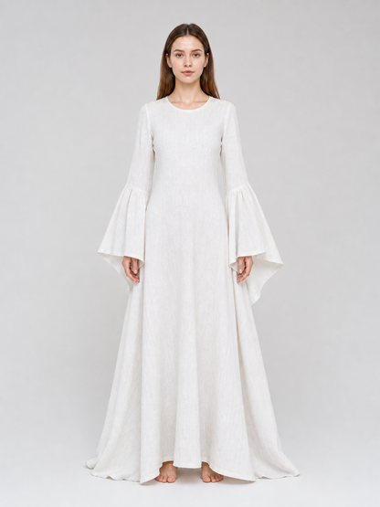 White Long Boho-Style Dress with a Belt and Flared Sleeves
