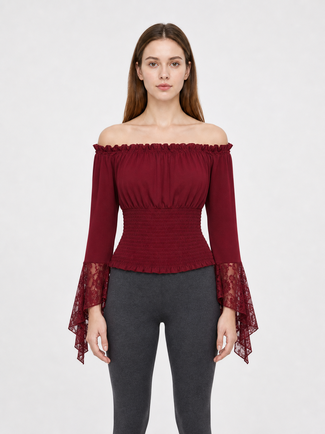Off-the-Shoulder Blouse with Lace Cuffs