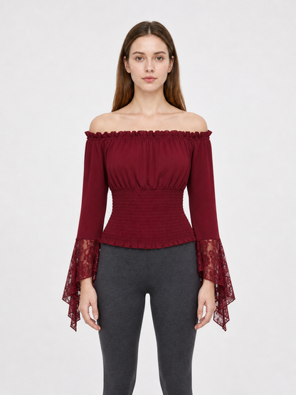 Off-the-Shoulder Blouse with Lace Cuffs