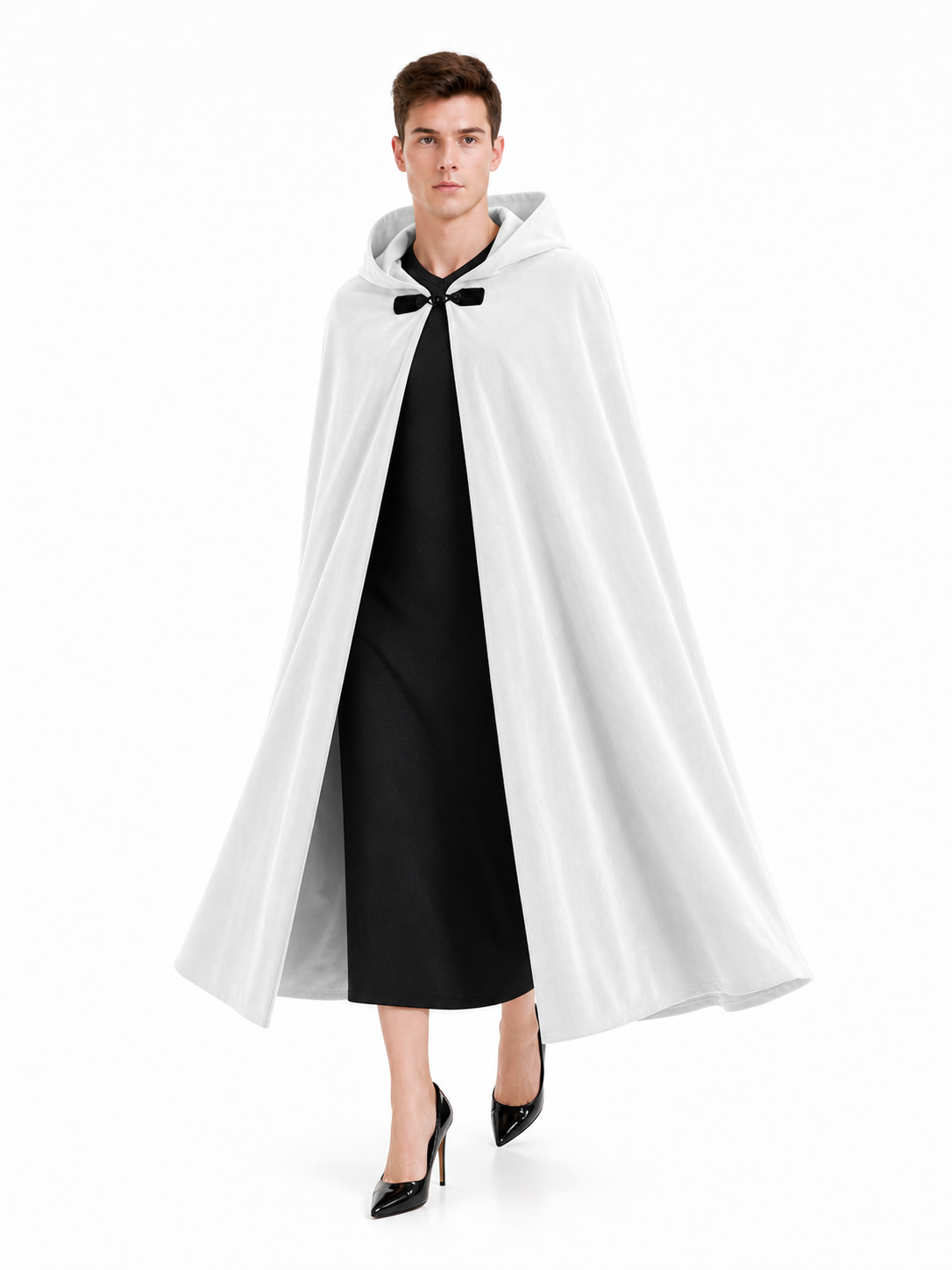 Medieval White Velvet Hooded Long Cloak Cape with Black Bow Tie Front Flared Hem front view 4