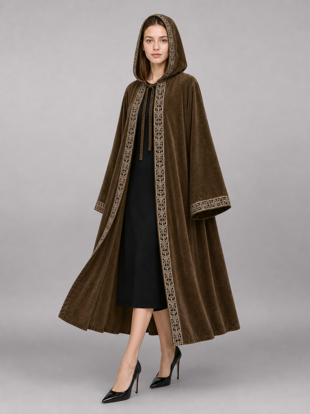 Long Hooded Robe, Brown, Loose Fit front view 5