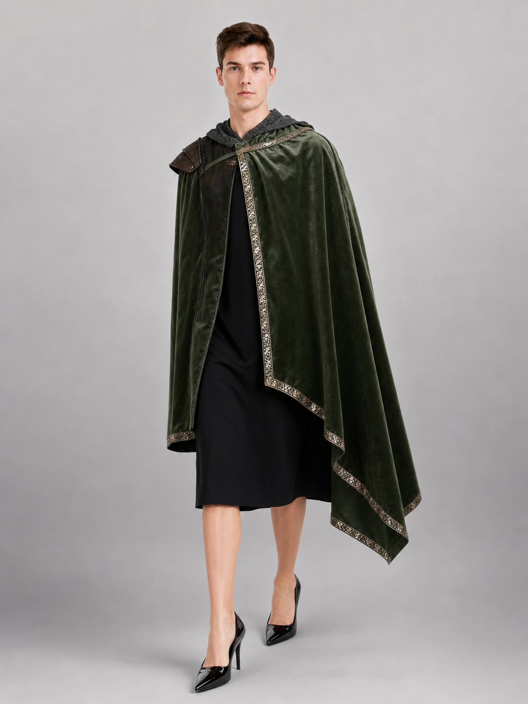 Green asymmetrical long carnival cape