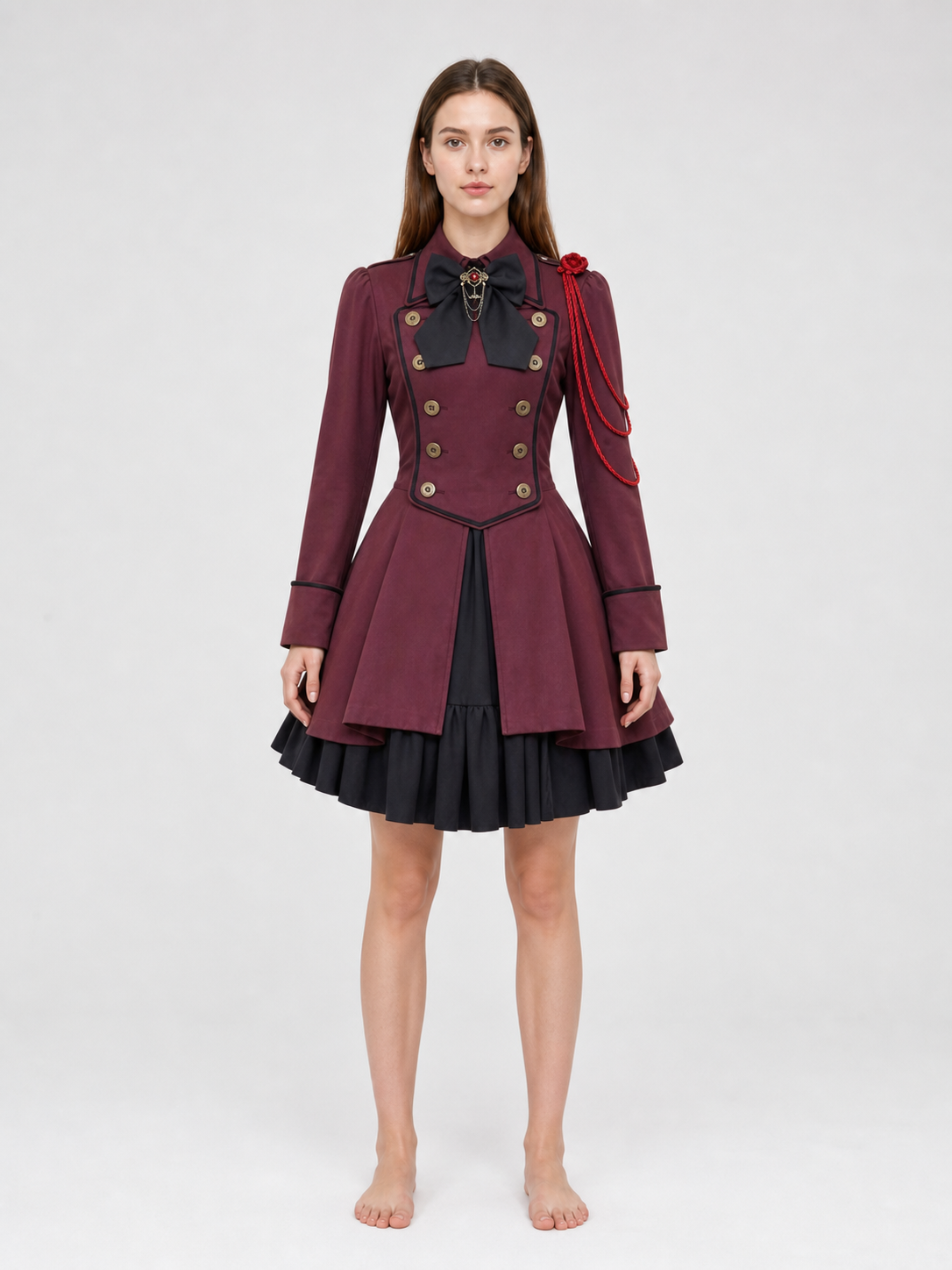 Gothic burgundy dress with sleeves and a bow