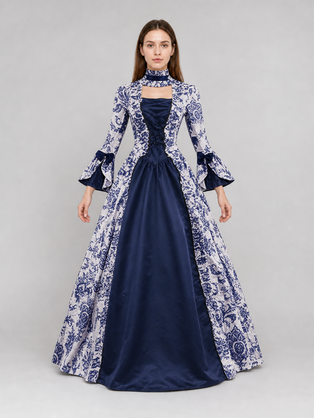 Ornamental Evening Dress, Long Sleeve, Flared