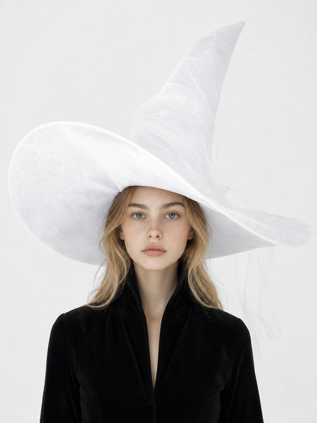 White Halloween Witch Hat With Wide Floppy Brim, Sheer Layered Fabric, Curved Pointed Crown And Trailing Veil For Cosplay Costume Party