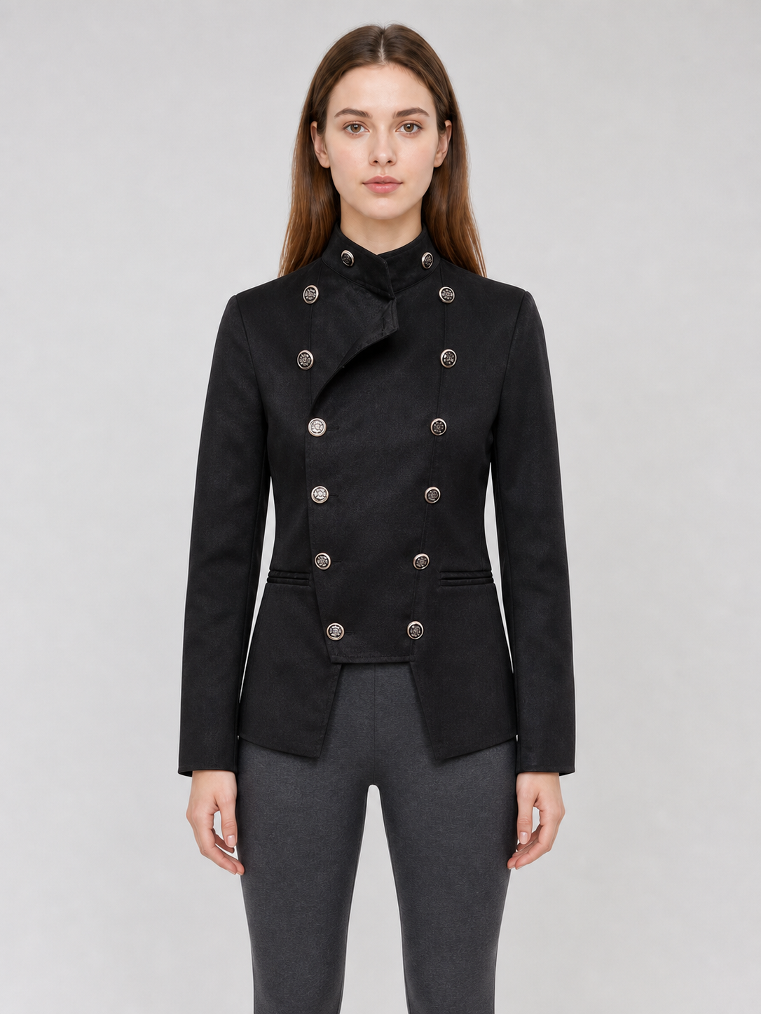 Black jacket with an asymmetrical double-breasted placket