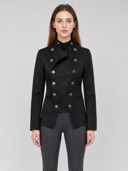 Black jacket with an asymmetrical double-breasted placket