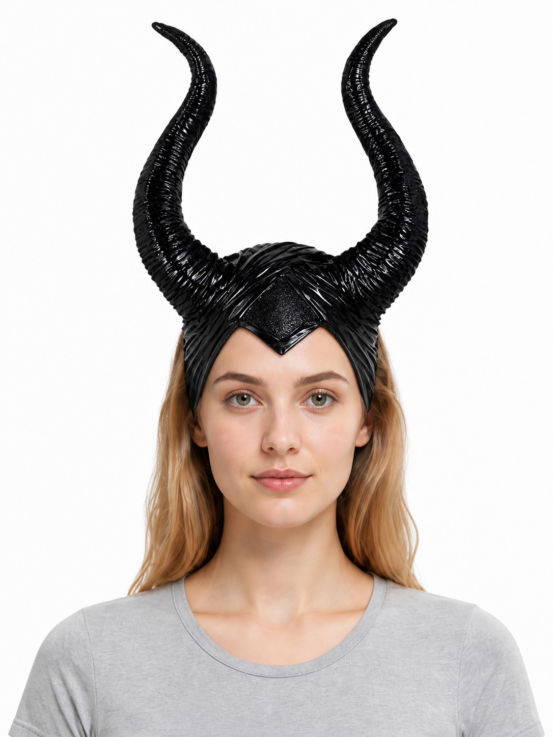 1pc Black Horn Headpiece with Striped Texture, Symmetrical Curved Horns front view