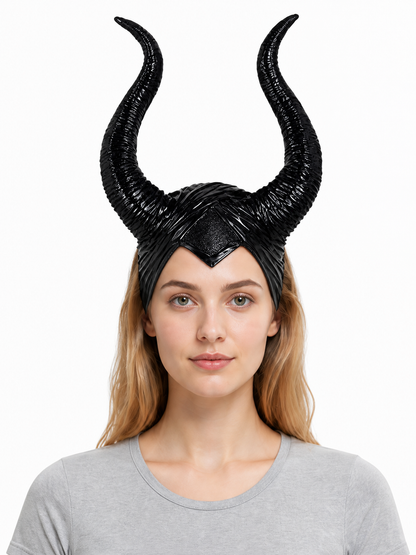 1pc Black Horn Headpiece with Striped Texture, Symmetrical Curved Horns front view