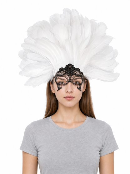 Masquerade Lace Eye Mask with White Feathers