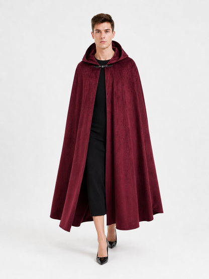 Long burgundy carnival cloak with hood