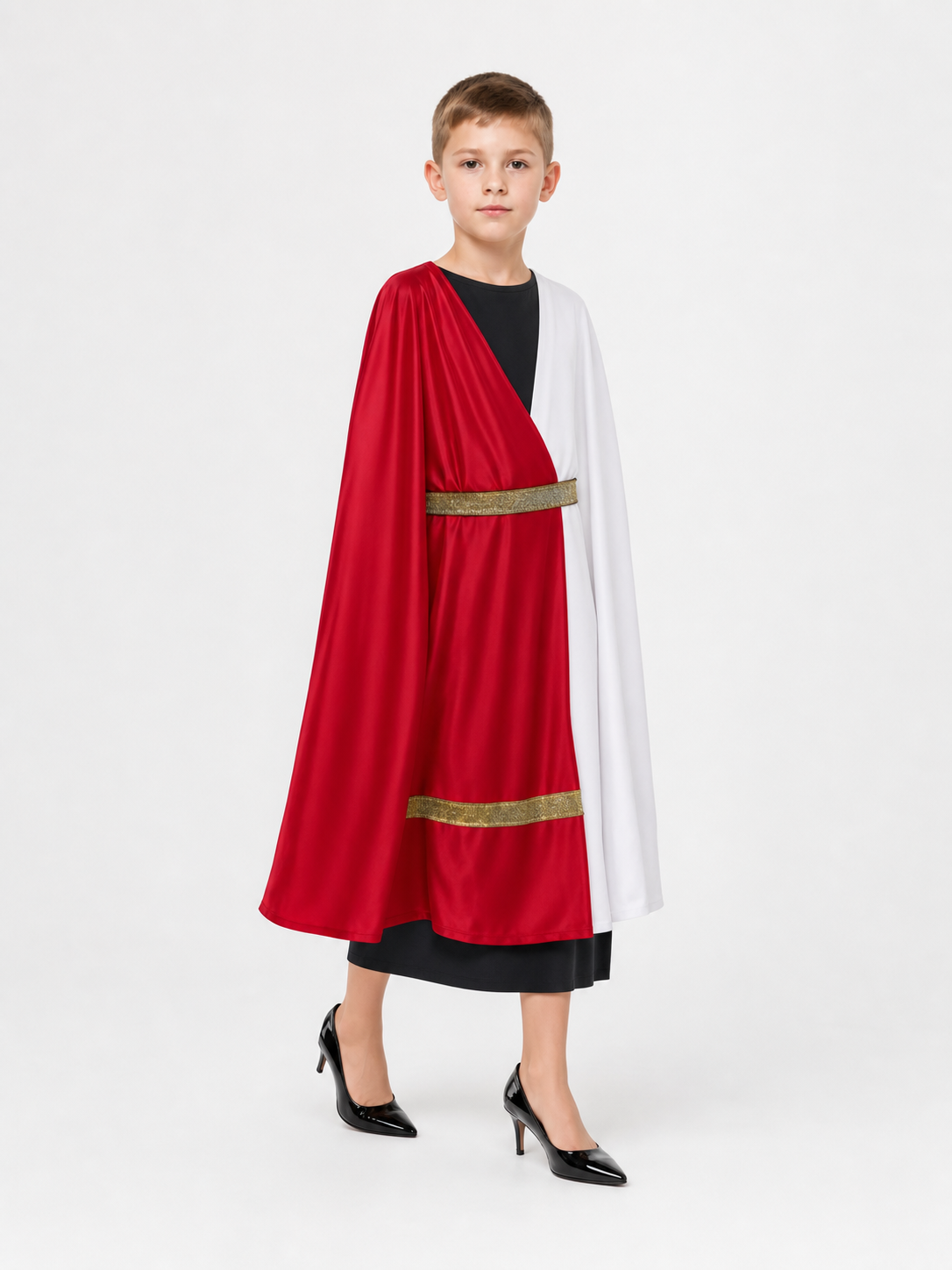 Ancient Greek Costume with Red and Gold Ribbons front view