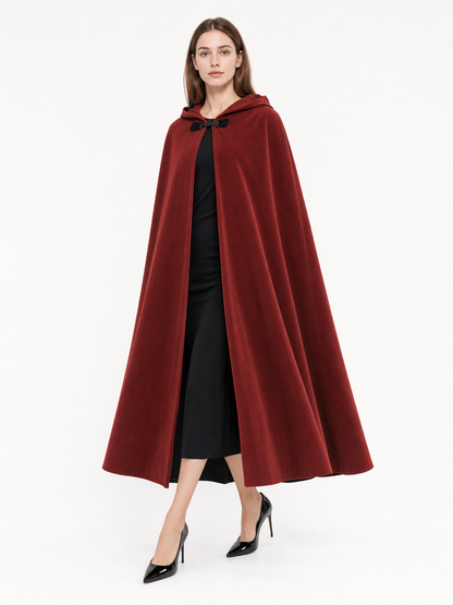 Medieval Hooded Cape with Oversized Hood, Burgundy Velvet-Like Flowing Cloak for Cosplay, Halloween, Themed Parties and Stage Performances