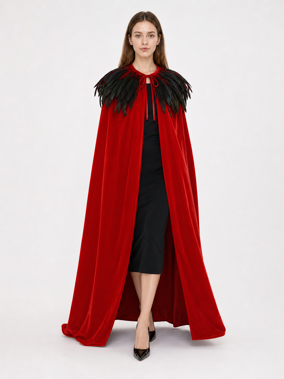 Red Velvet Cape with Feather Trim