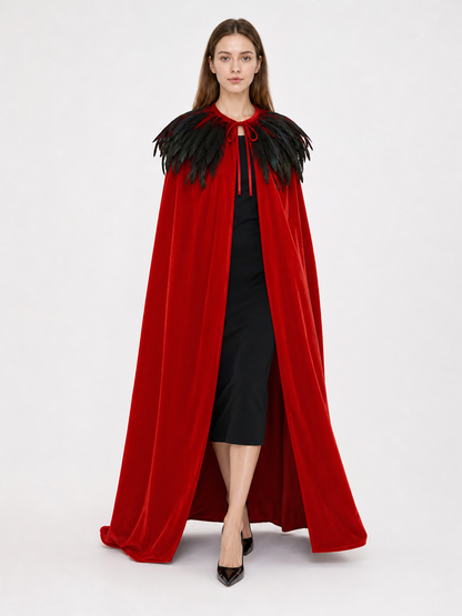 Red Velvet Cape with Feather Trim