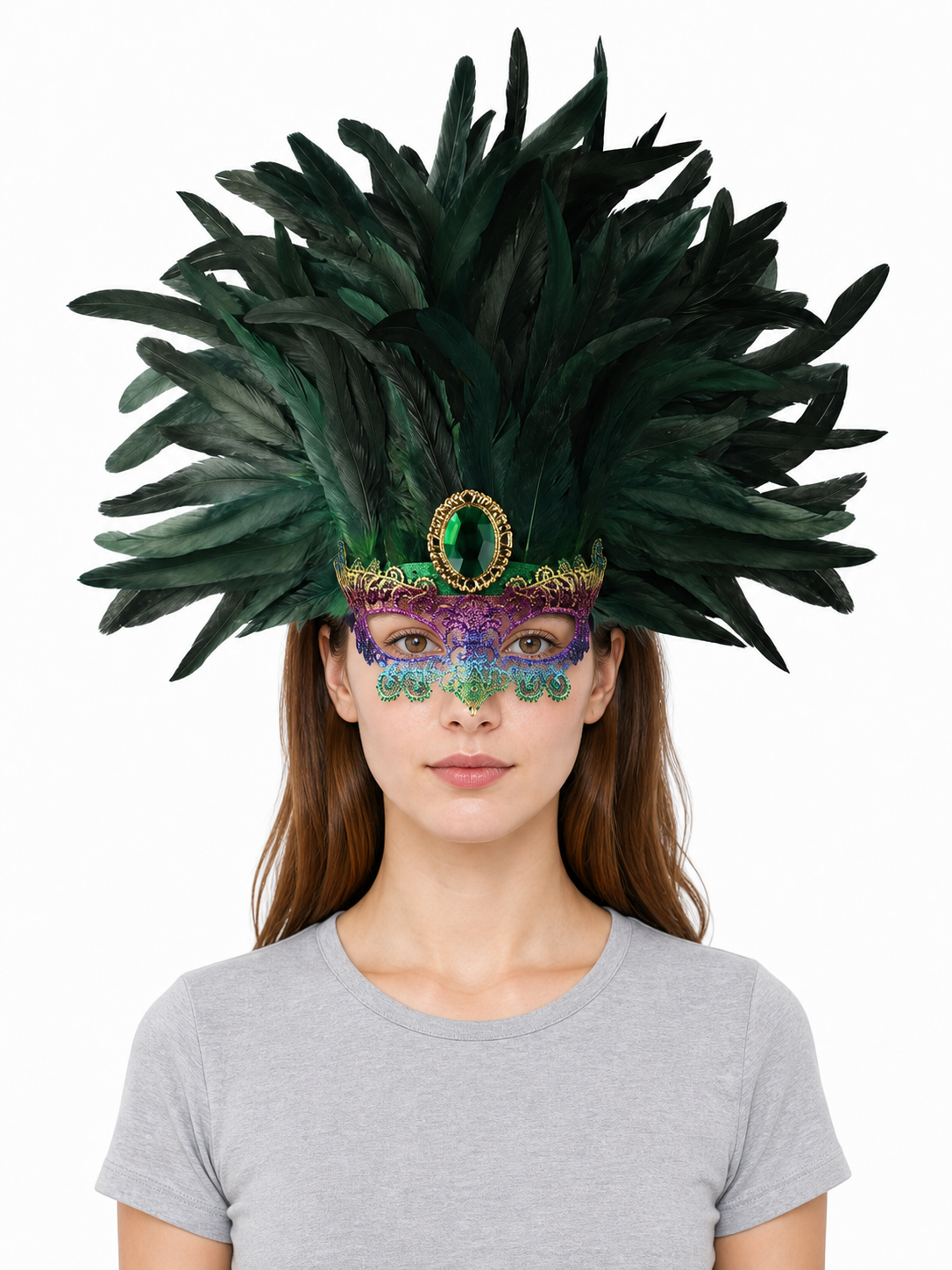 Masquerade headdress with green feathers