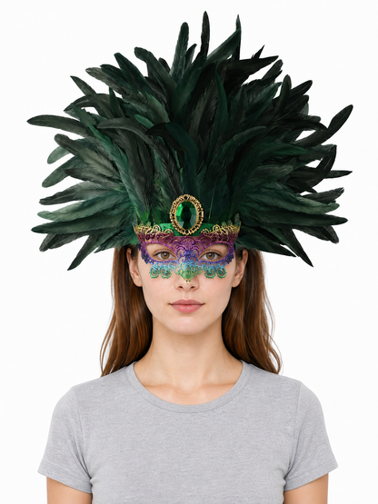 Masquerade headdress with green feathers