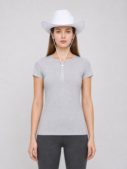 White Cowboy Hat with a Wide Brim and Chin Tie