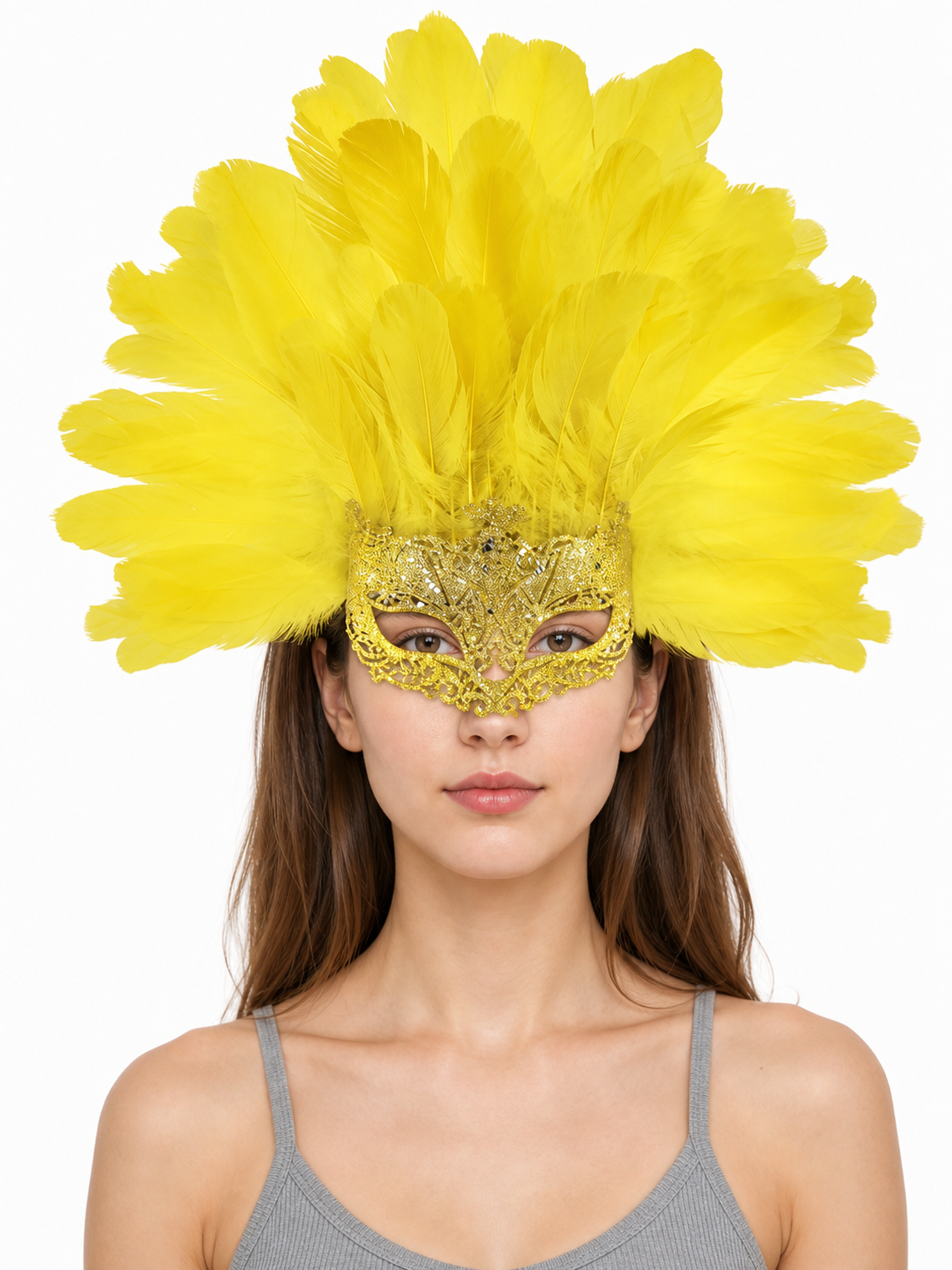 Carnival Mask with Yellow Feathers and Glitter