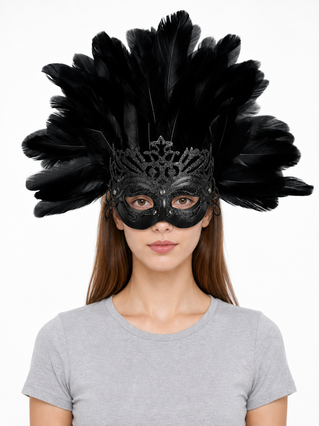 Carnival headpiece with black feathers and a mask