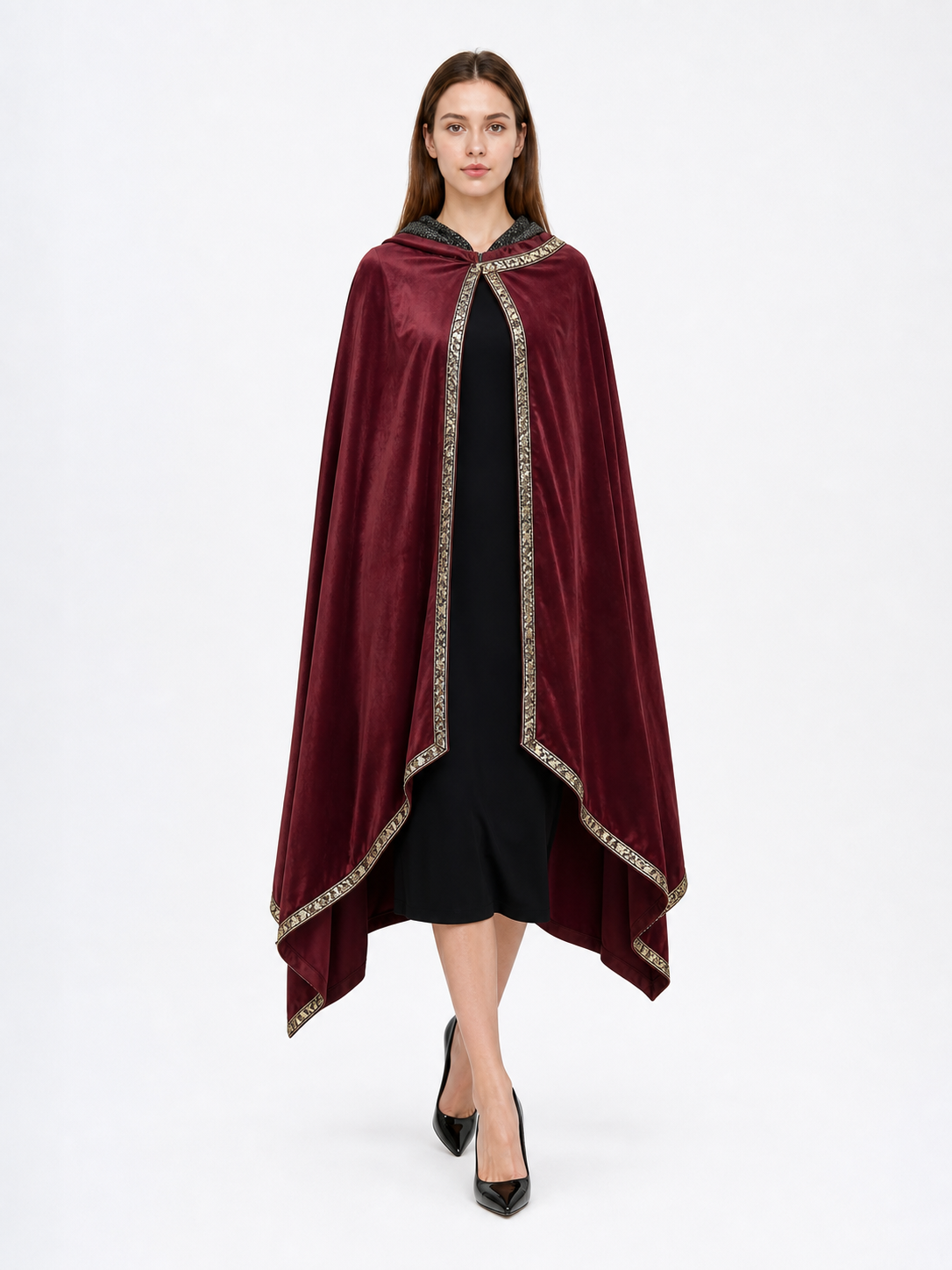 Burgundy velvet-look hooded costume cape product view 27