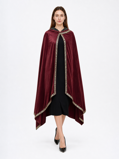 Burgundy velvet-look hooded costume cape product view 27