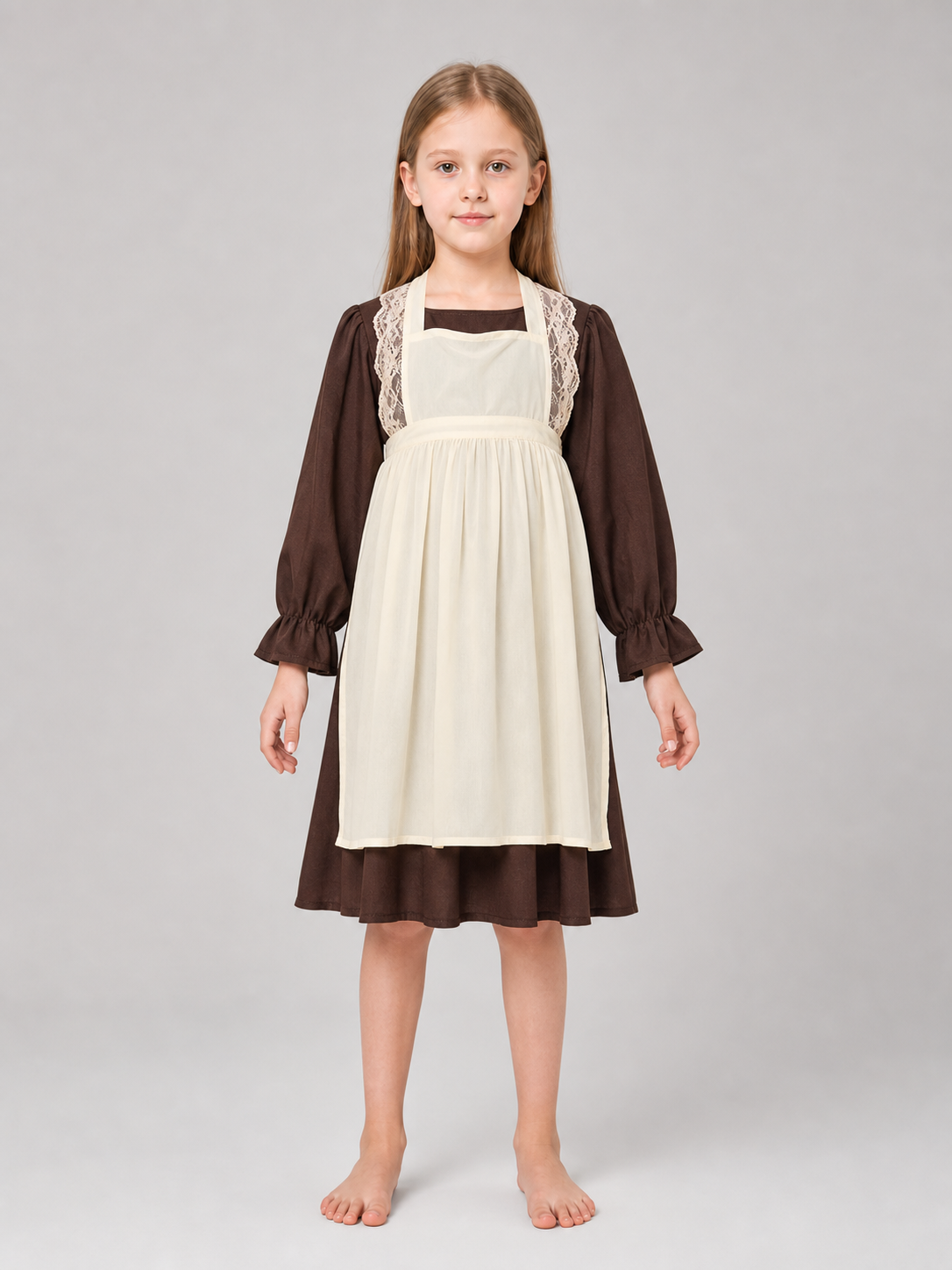 Victorian costume with dress, apron, and bonnet